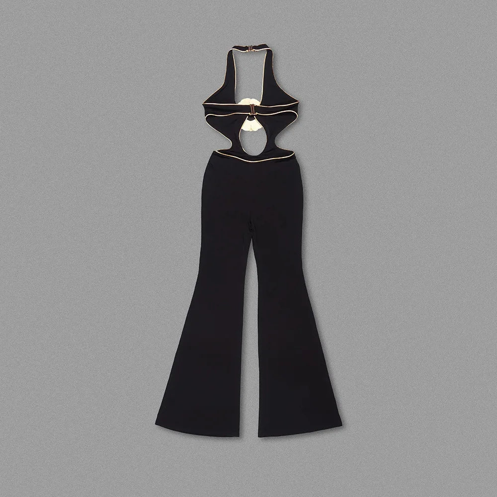 Black Cut Out Halter Golden Flower Jumpsuit