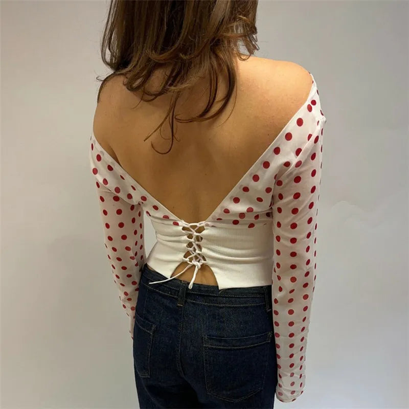 Off Shoulder Polka Dot Print Long Sleeve Top