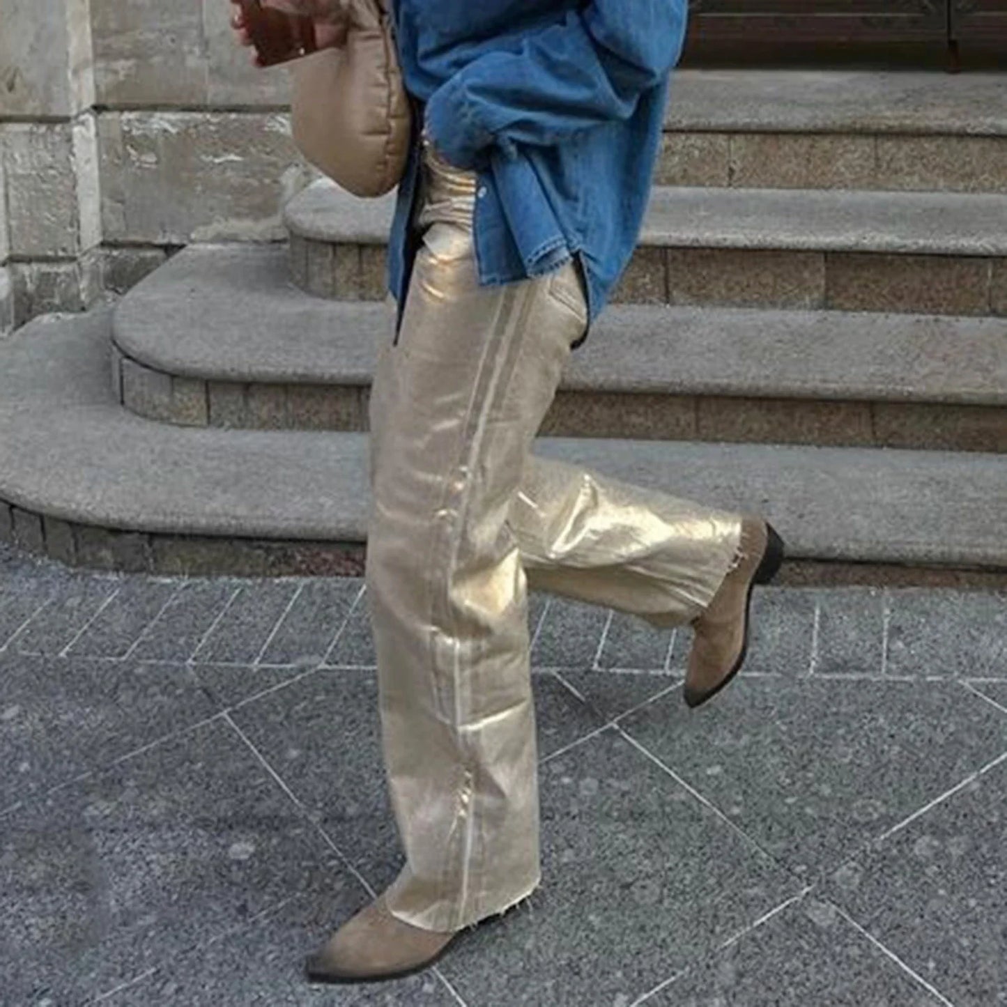 Metallic High Waist Denim Straight Leg Pants