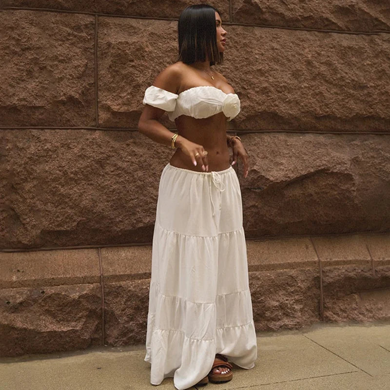 Flower Puff Sleeve Ruffles Crop Top And Maxi Skirt Set