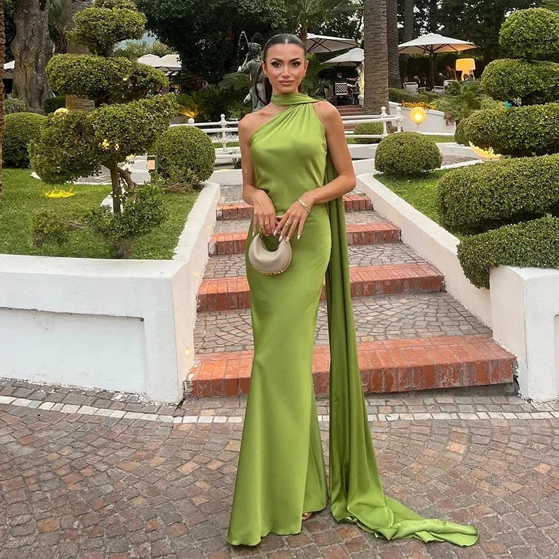 Satin Long Draped Halter Maxi Dress