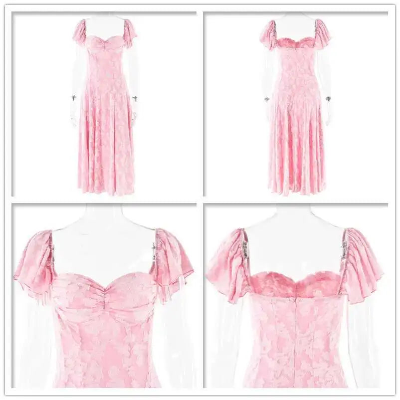 Pink Short Puff Sleeves Jacquard Print Maxi Dress