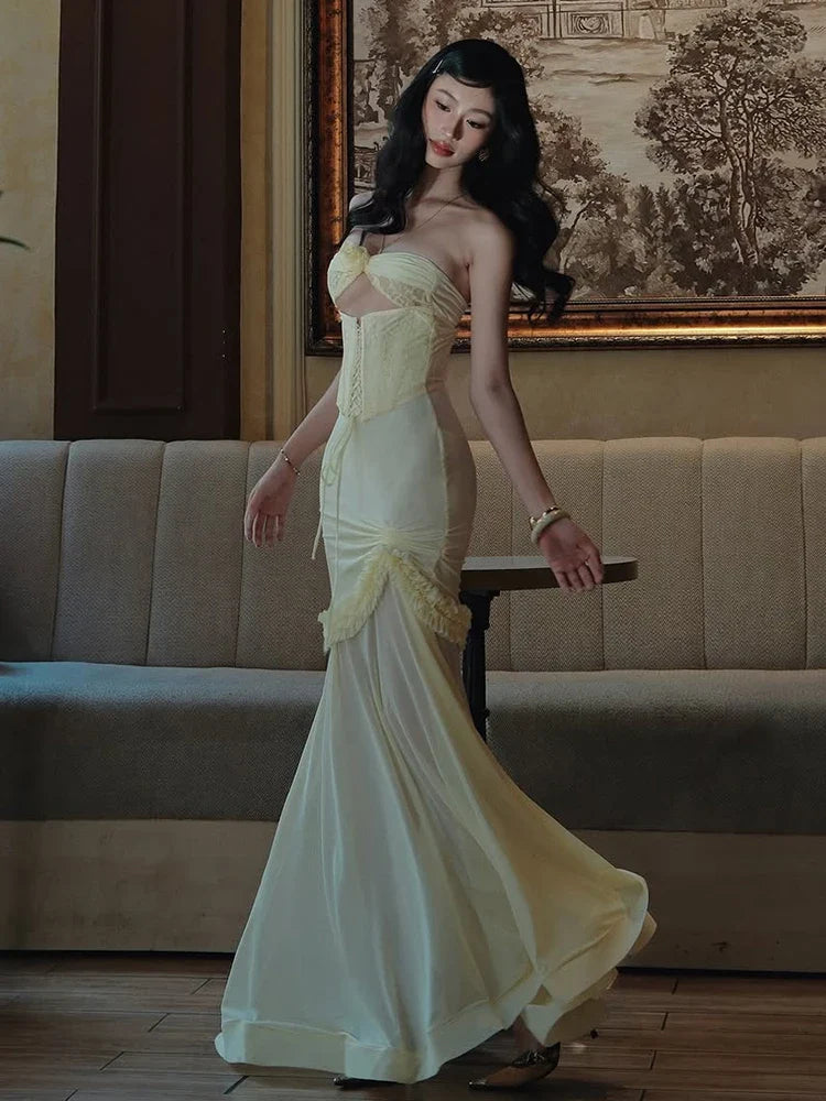 Strapless Cut Out Mesh Corset Ruffles Maxi Dress