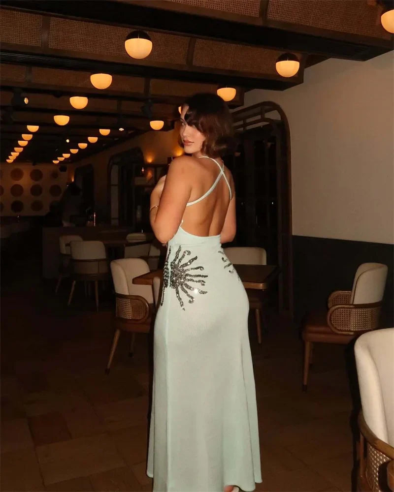 Sequins Embroidered Knit Maxi Dress