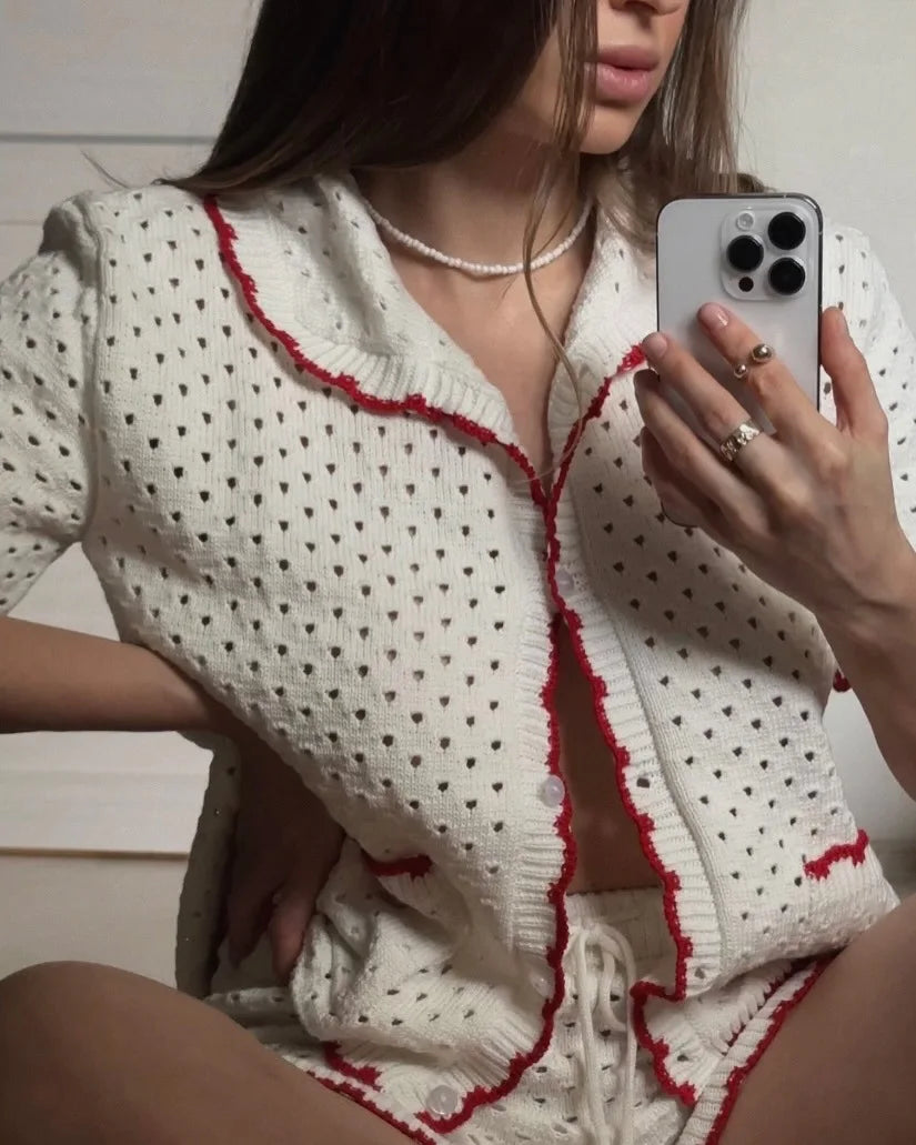 White Knitted Short Sleeve Top And Shorts Set