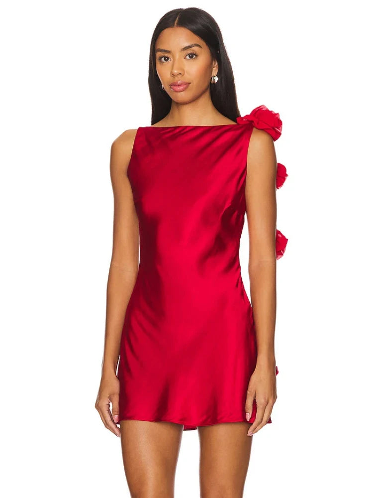 Flower Strap Backless Satin Mini Dress
