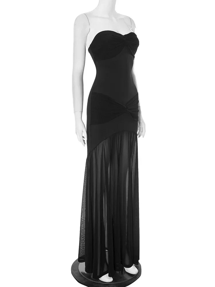 Sleeveless Mesh Pleated Twisted Bandeau Long Dress