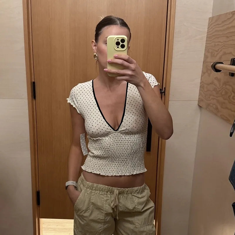 White V-Neck Printed Short Sleeve Top - Regular Fit