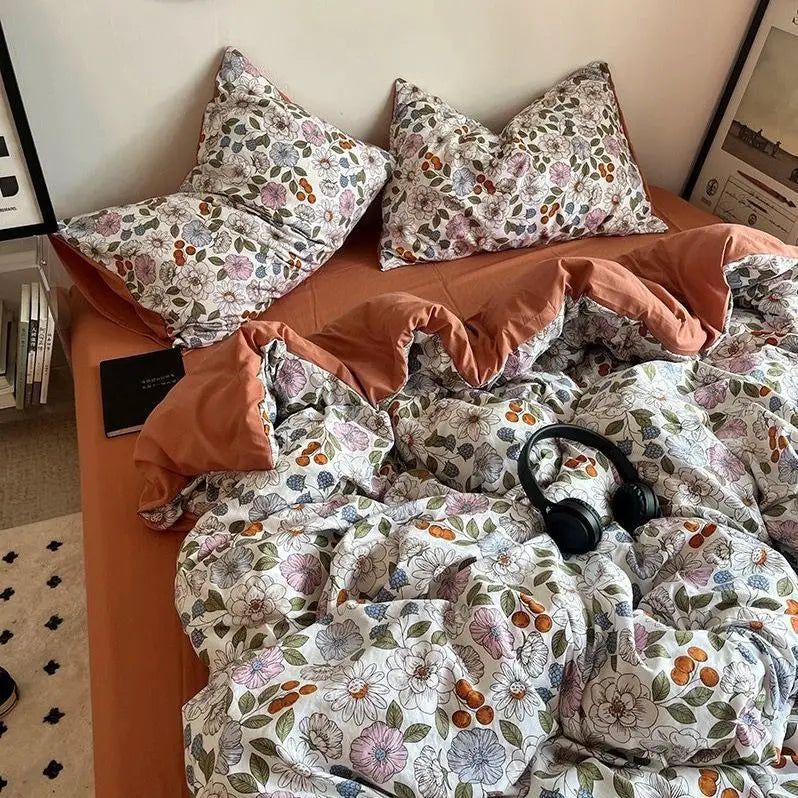 Korean Style Ins Retro Fresh Floral Washed Cotton Bed Four Piece Duvet Set, Student Dormitory Bed Sheet Three Piece Set