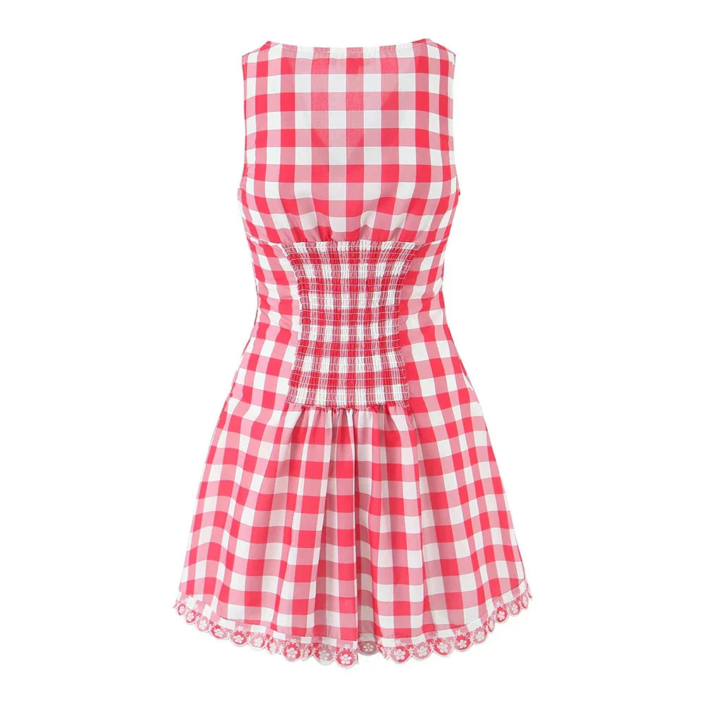 Red Checked V-neck Tank Mini Dress