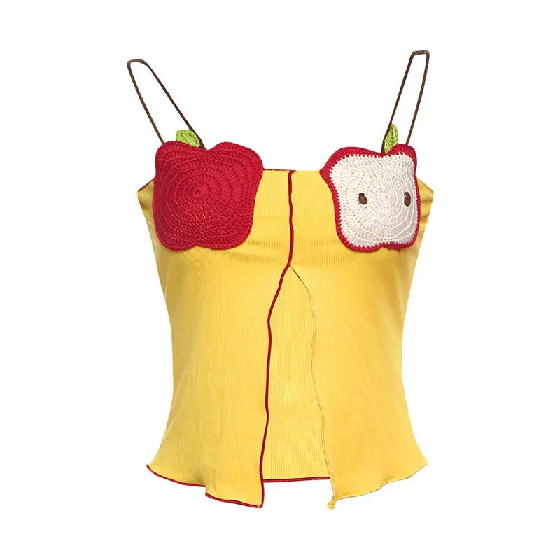 Fruit Embroidery Split Crop Top - Sweet Backless Cami