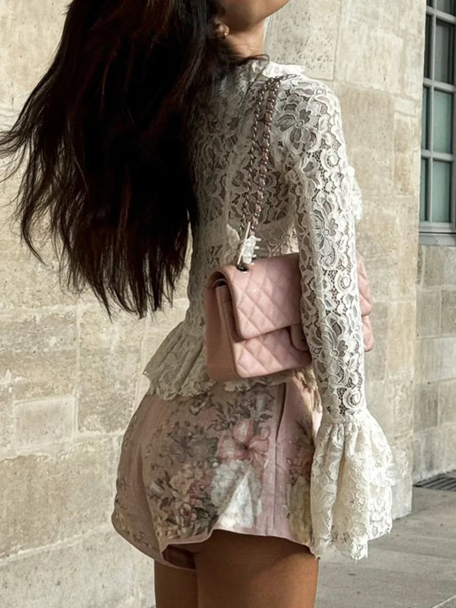 White Lace Frill Sheer Long Sleeve Corset Top