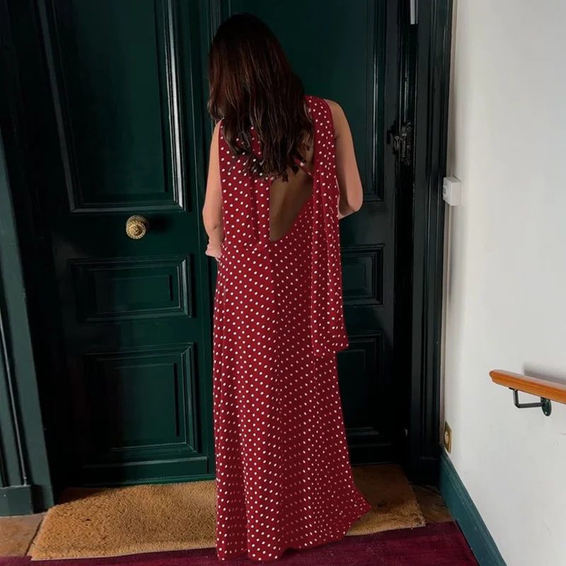 Scarf Spaghetti Strap Polka Dot Maxi Dress