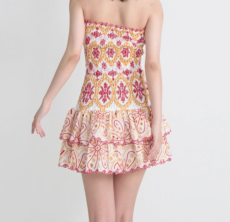Embroidered Design Tube Ruched Mini Dress