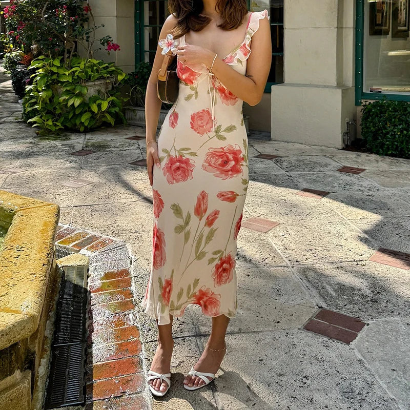 White Printed Ruffles Trim Maxi Dress