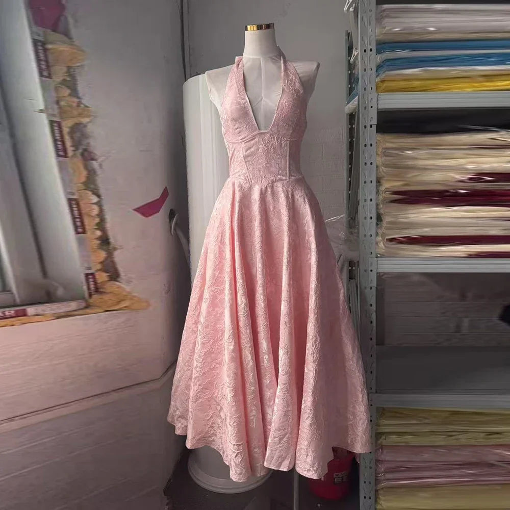 Satin Jacquard Deep Neck Print Flare Maxi Dress