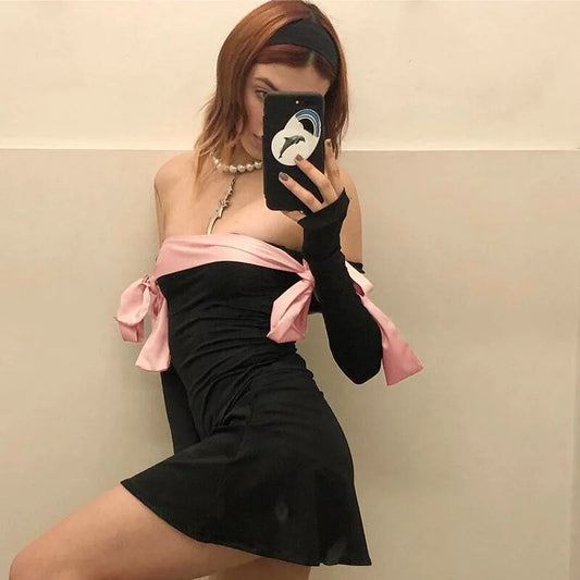 Black Off-shoulder Bow Long Sleeve Mini Dress