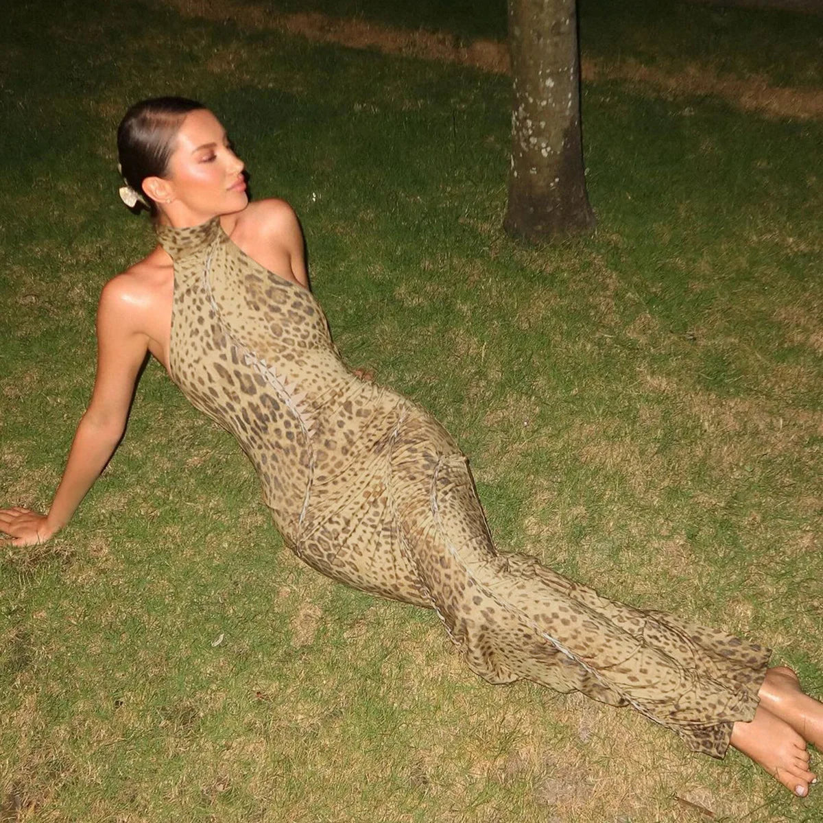 Halter Leopard Open Back Maxi Dress