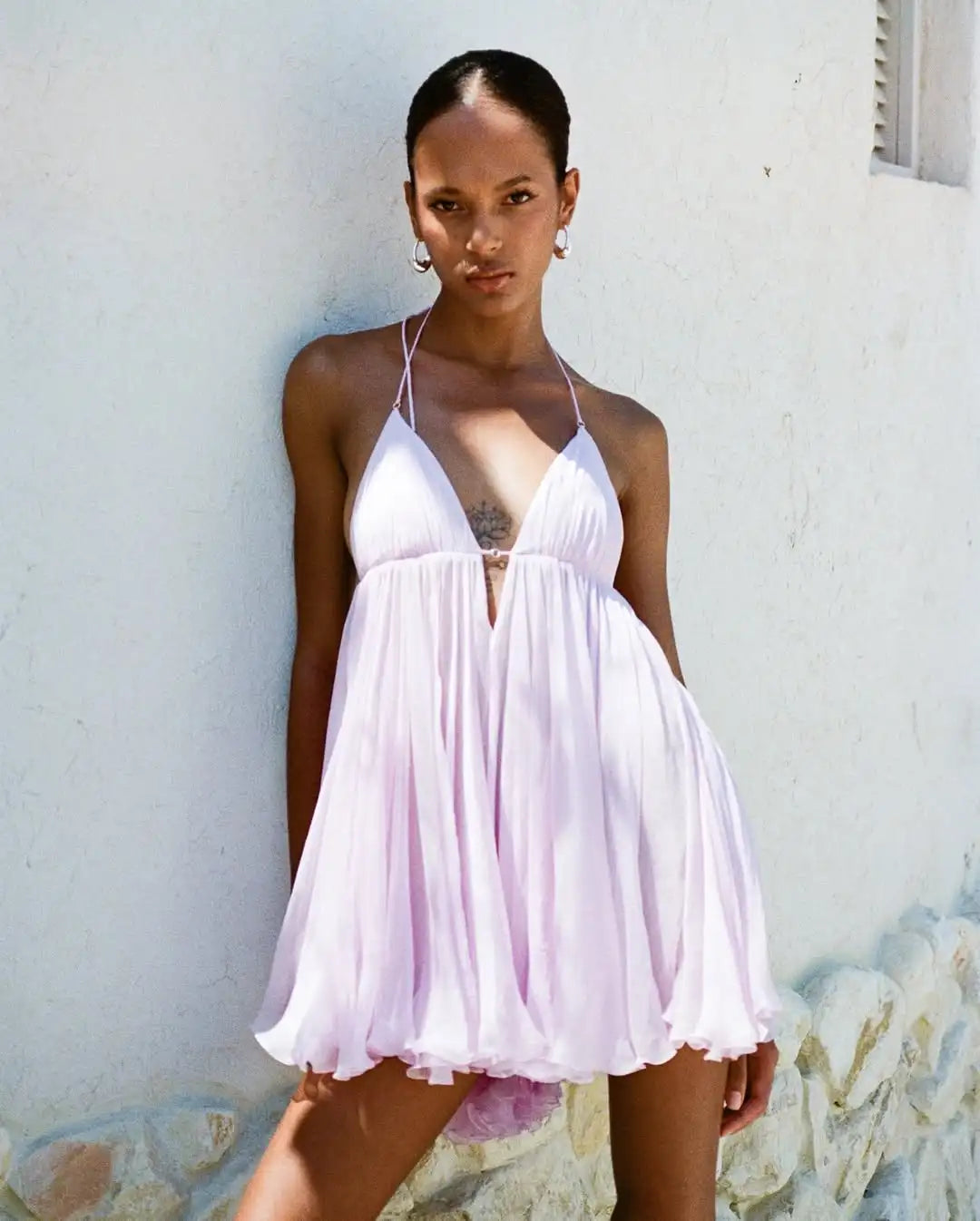 Chiffon Strap Mini Flare Dress - V-Neck A-Line