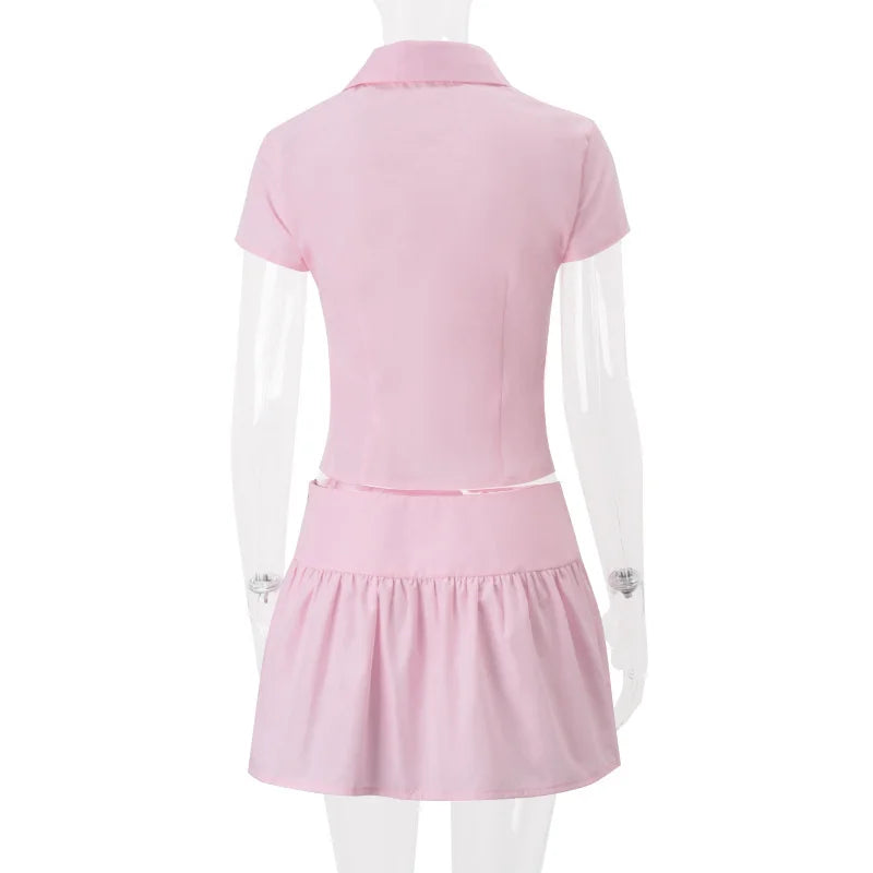Polo Collar Short Sleeve Top And Mini Skirt Set