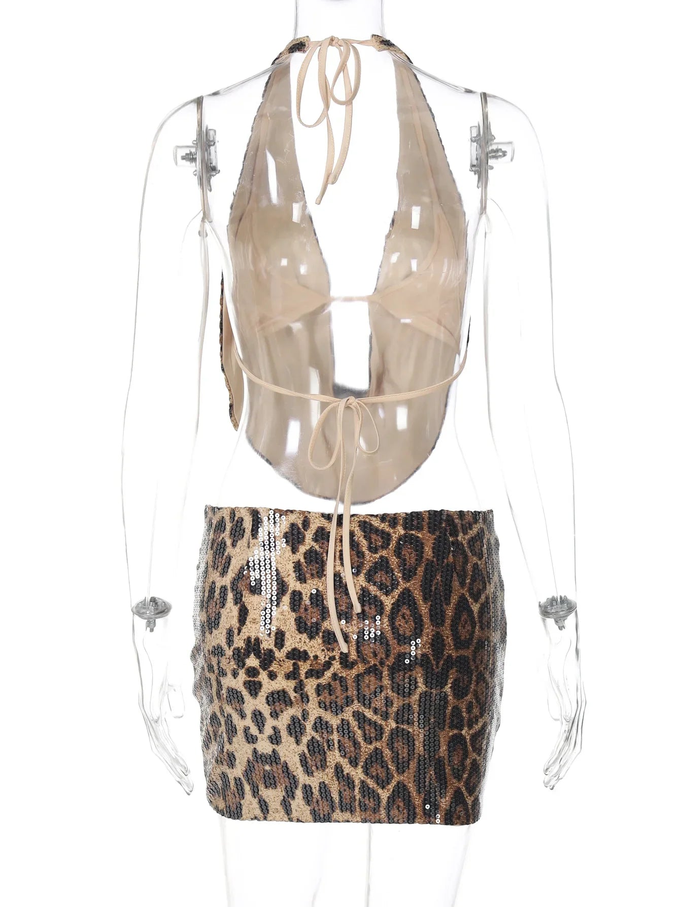 Leopard Print Sequin Backless Halter Top and Mini Skirt Two Piece Set
