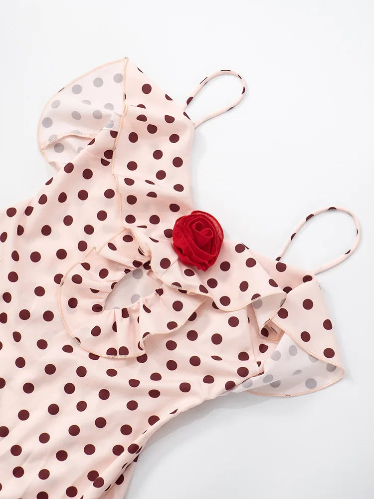 Rose Polka Dot Ruffle Strappy Maxi Dress
