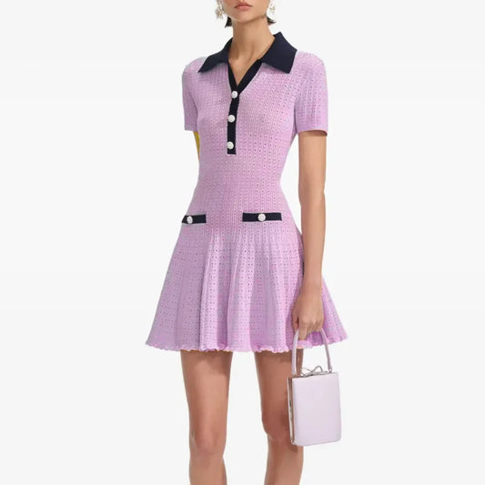 Contrast Trim Button Knit Collar Mini Dress