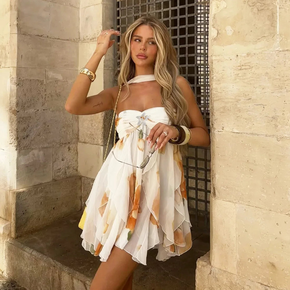 Frill Halter Around Neck Strapless Mini Dress