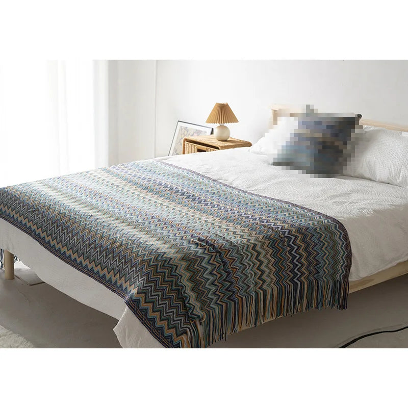 Bohemian Style Blanket Tassels Shawl Yarn Dyed Blanket Sofa Towel manta Home Bedside Blanket Decoration Plaid (No Pillowcase)