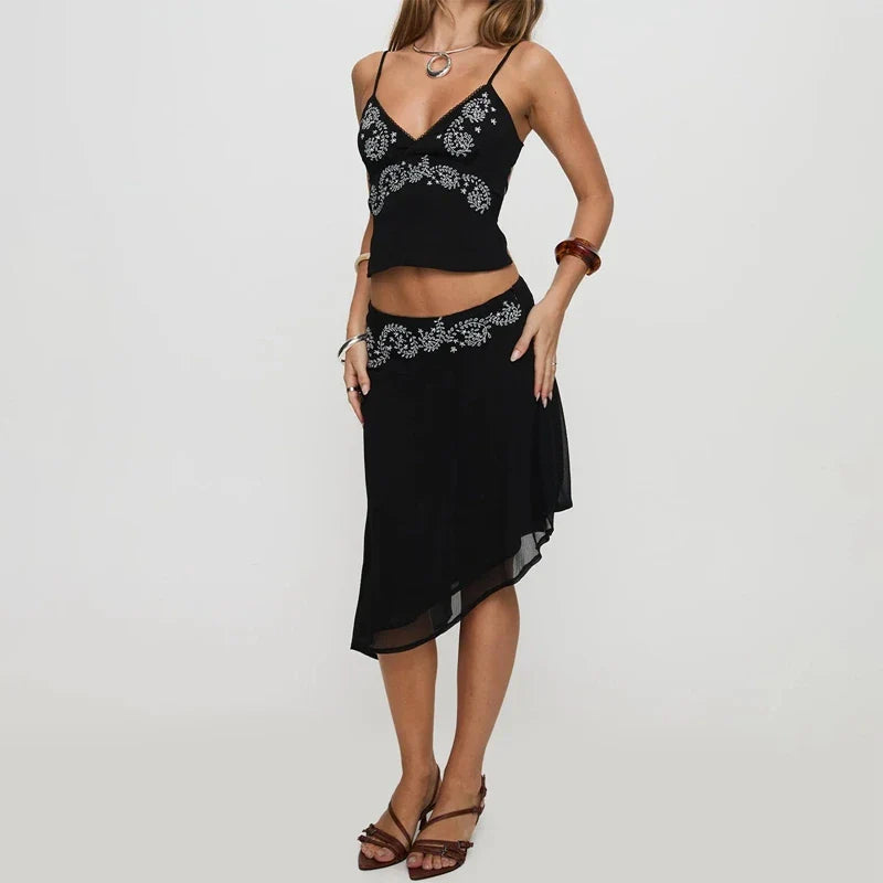Printed V-Neck Cami & Skirt Set â€?Ruffle Midi Look