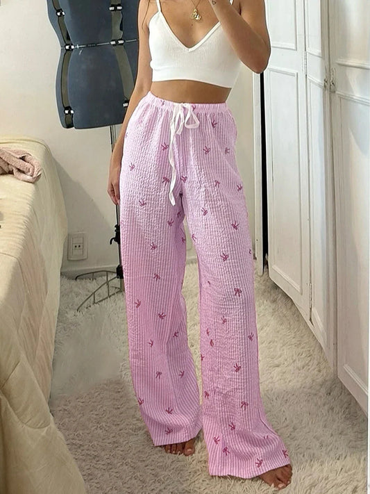 Chic High-Waist Striped Lounge Pants - Elastic Drawstring Detail
