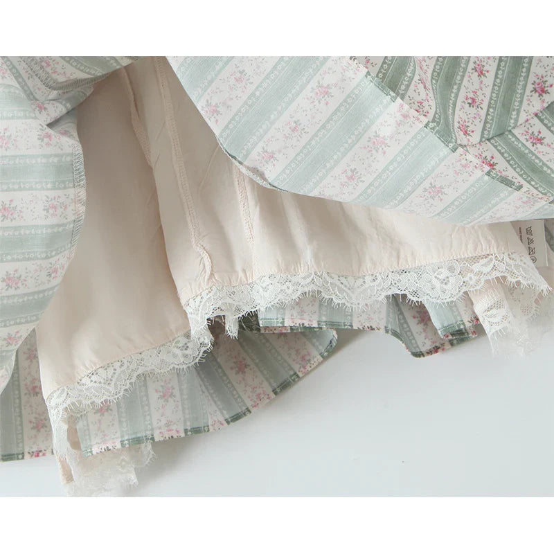 Green Striped Floral Print Short Sleeve Mini Dress