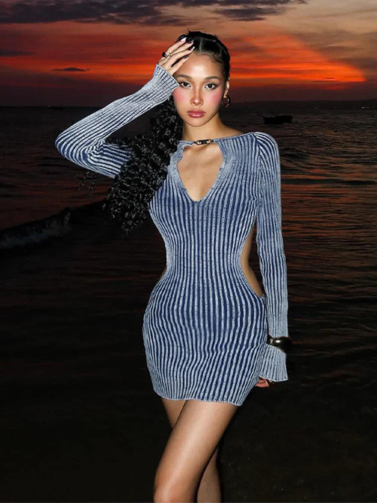 Striped Knitted Cut Out Long Sleeve Mini Dress