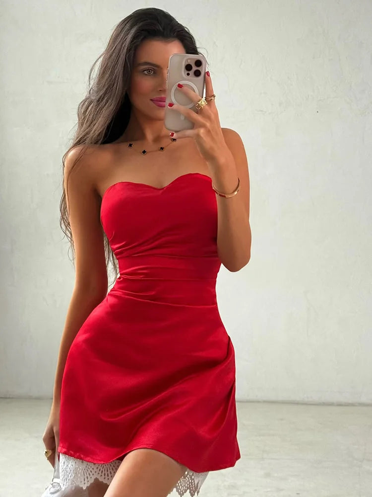 Strapless Satin Mini Dress - Casual Slim Fit