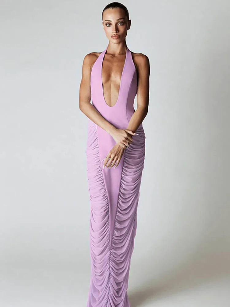 Purple Deep V Neck Ruched Maxi Dress