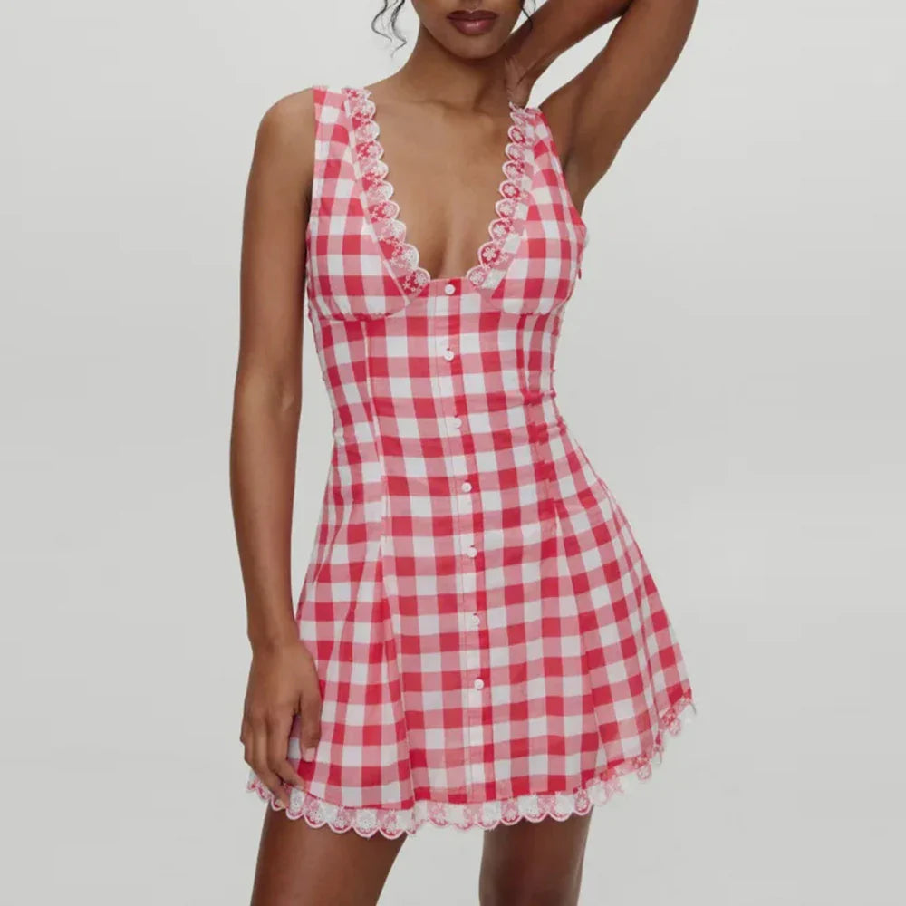 Red Checked V-neck Tank Mini Dress