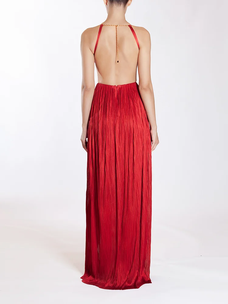 Red Pleated Halter Open Back Maxi Dress