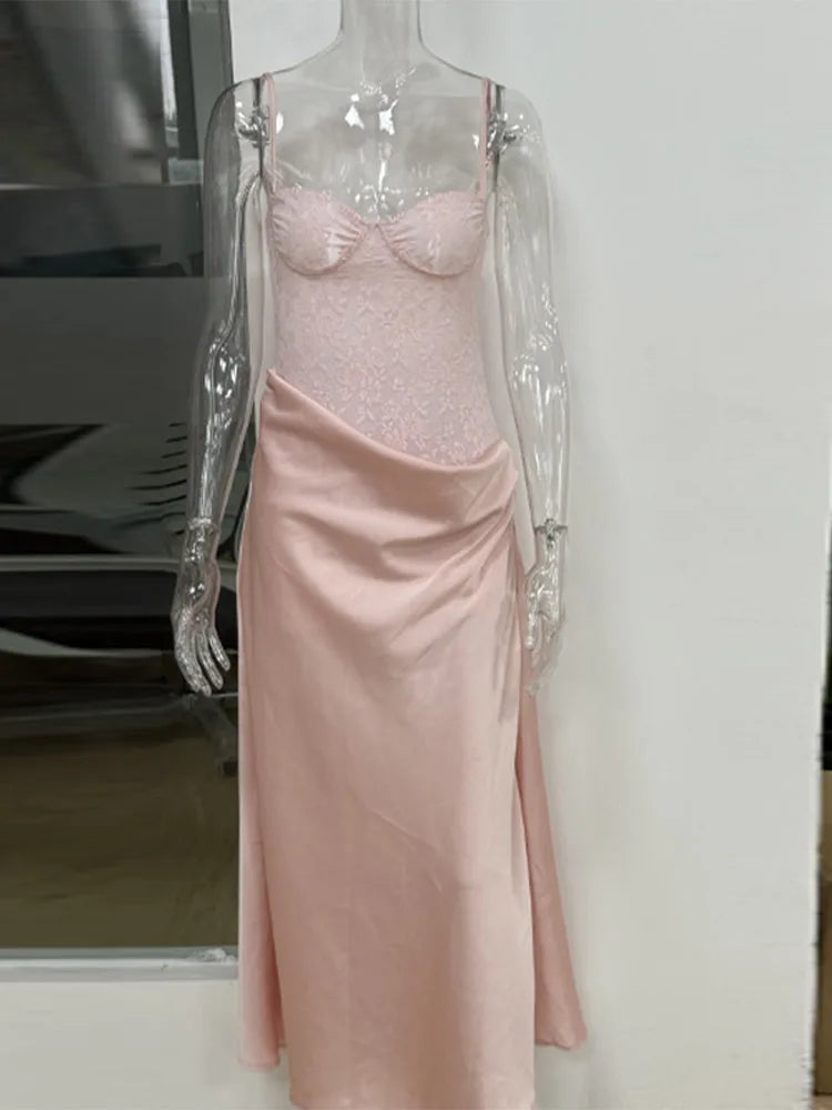 Pink Lace Patchwork Strap Midi Dress