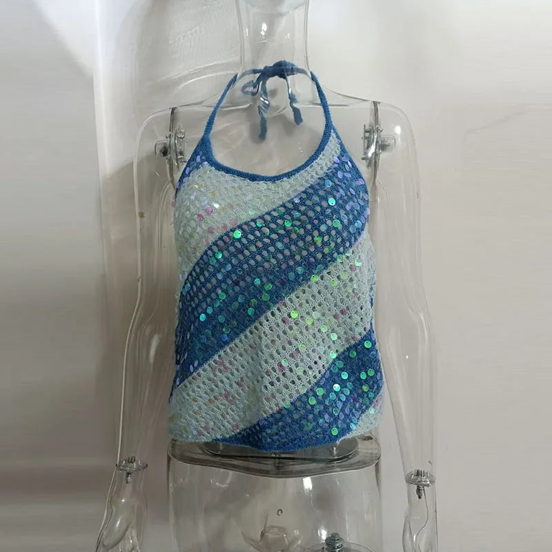 Blue Sequins Knitted Tank Top