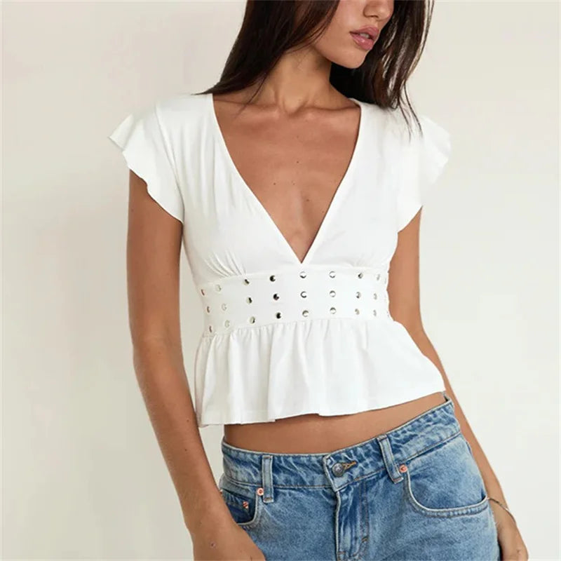 Studded Frill Sleeve Deep V Neck Top