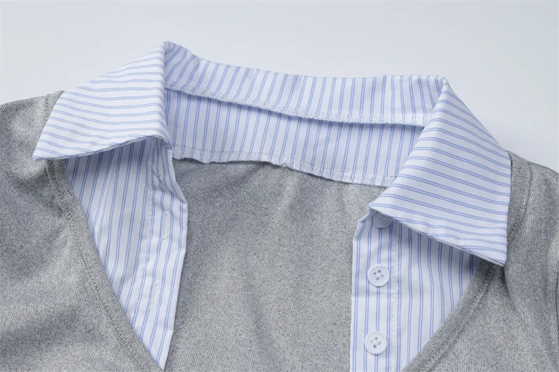 Knit Buttoned Collar Short Sleeve Mini Dress