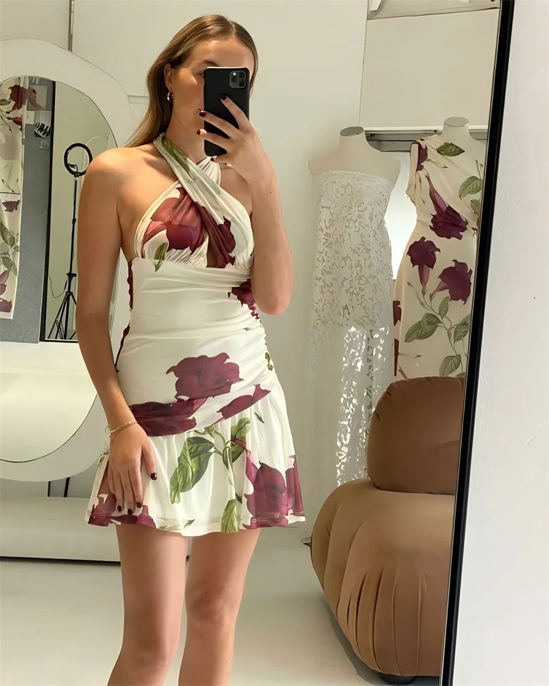 Floral Print Halter Tie Up Mini Dress