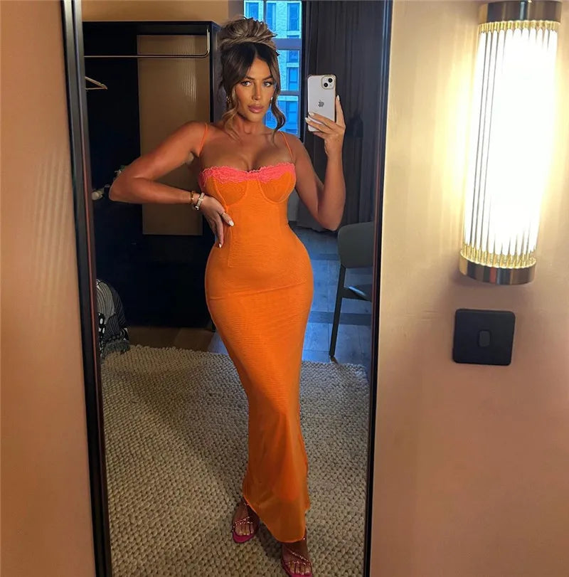 Lace Spaghetti Strap Mesh Midi Dress