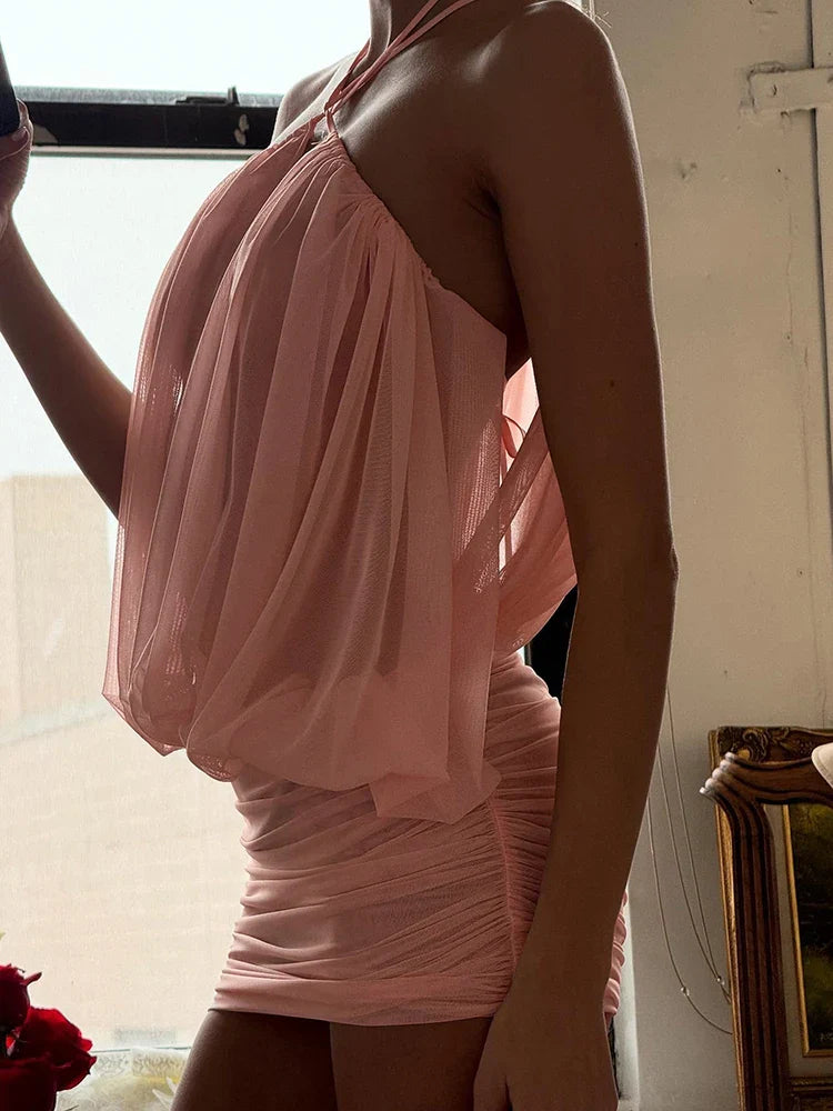 Pink Mesh Puff Mini Dress