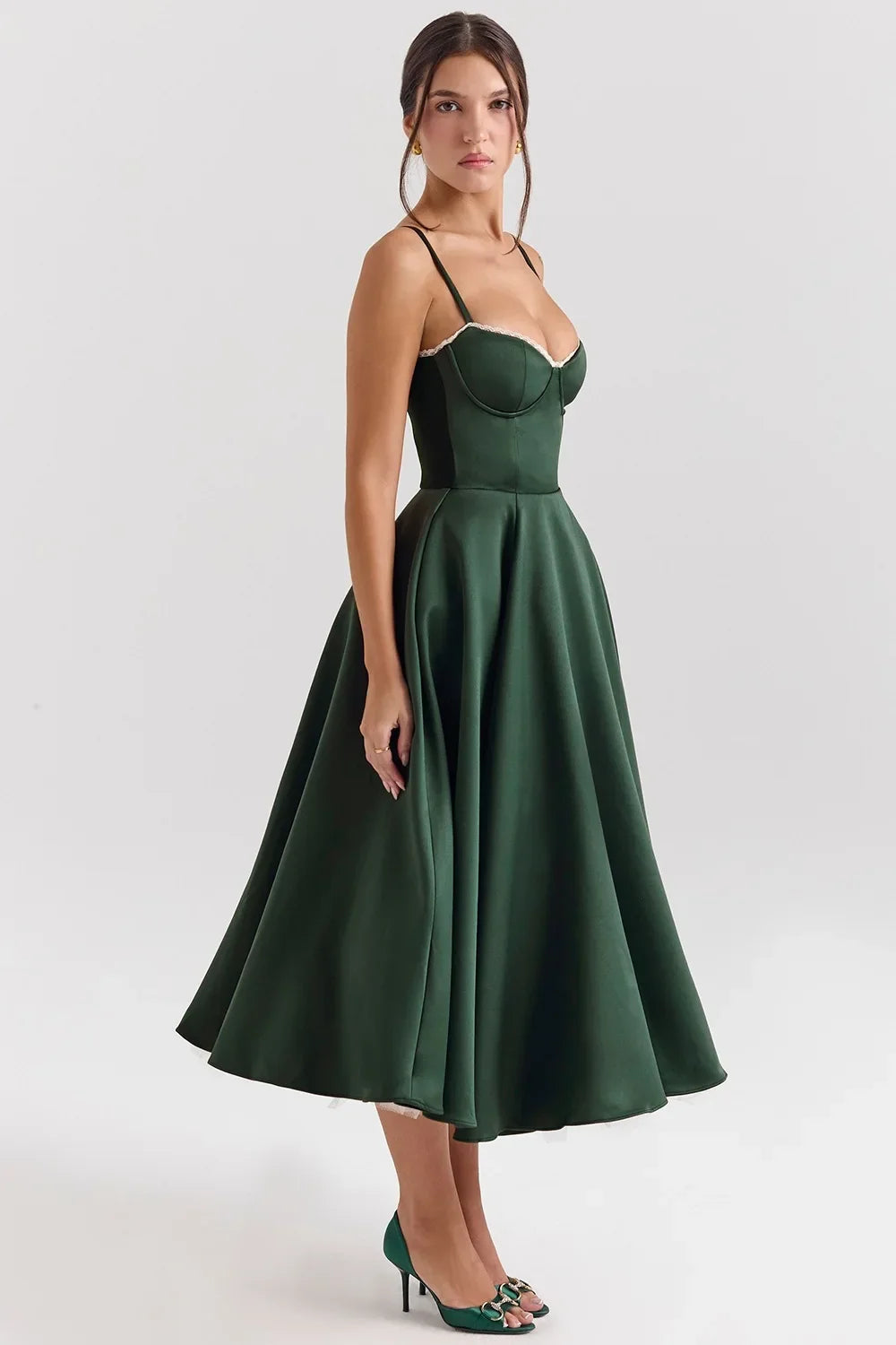 Satin Bustier Strap Tulle Midi Dress