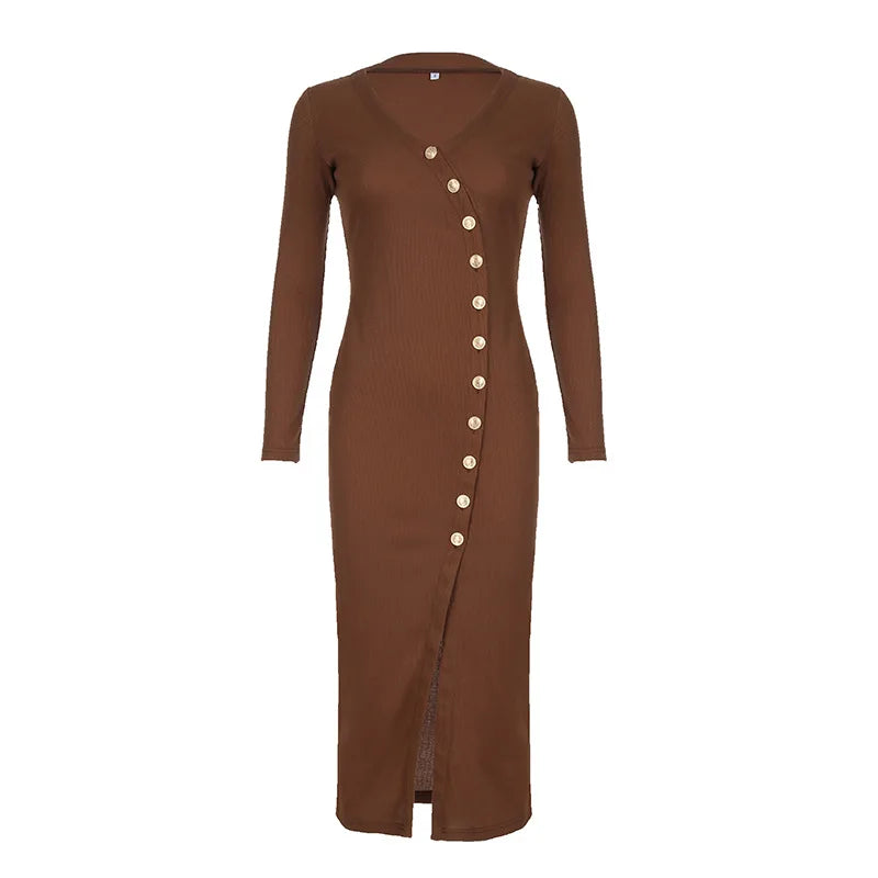 Side Slit Long Sleeve Buttons Knitwear Midi Dress