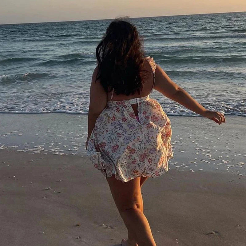 Floral/Solid Frill Strap Flowy Mini Dress