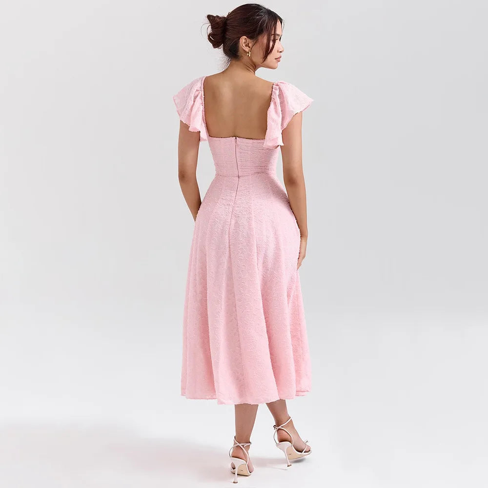 Pink Short Puff Sleeves Jacquard Print Maxi Dress