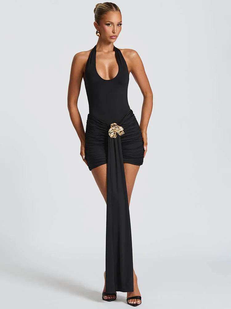 Halter Metal Flower Draped Ruched Mini Dress
