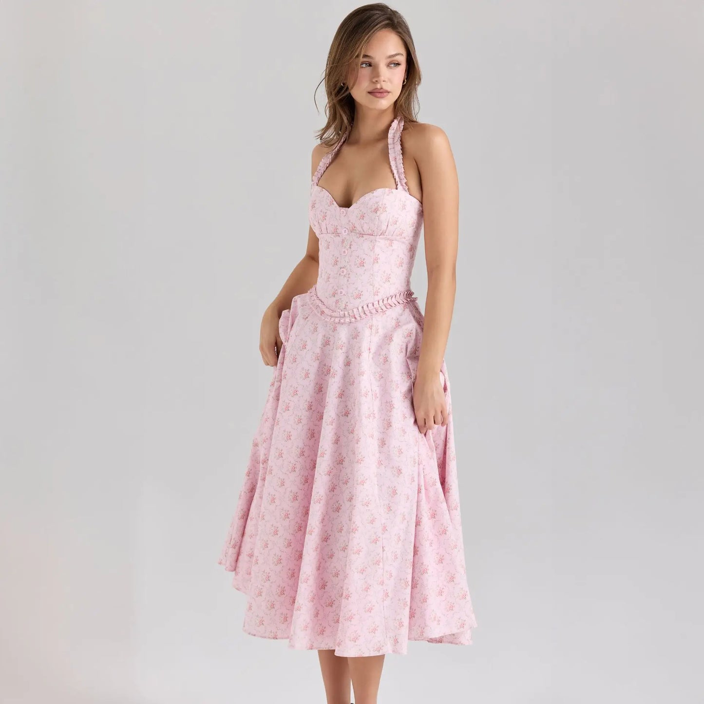Pink Floral Print Braided A-line Midi Dress